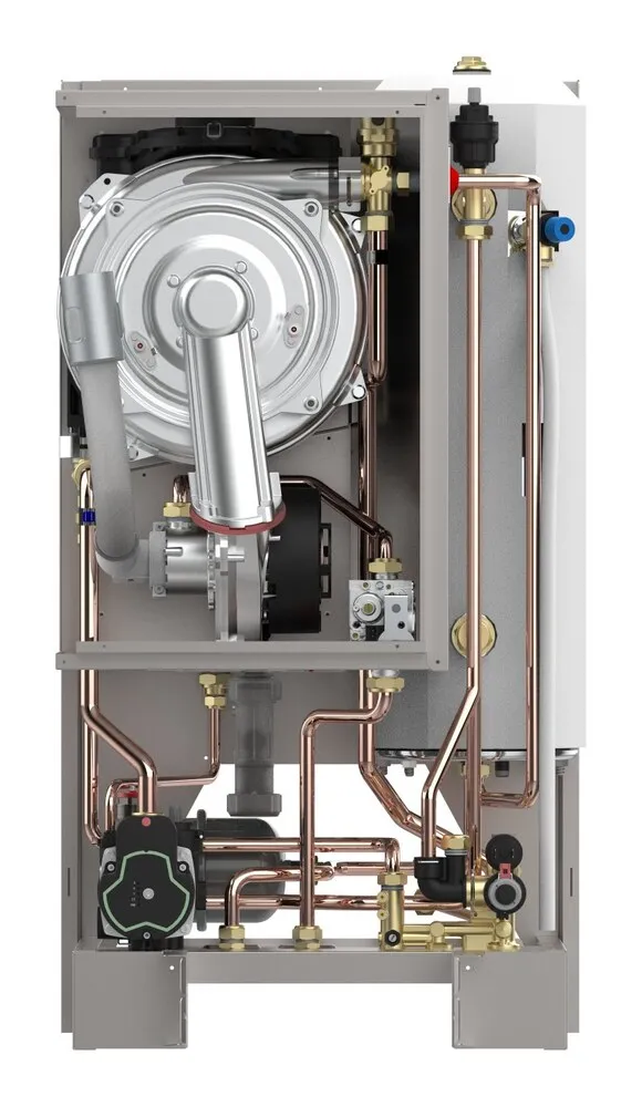 Radiant R2KA Dual-Tech aperta: lo scambiatore e i componenti interni